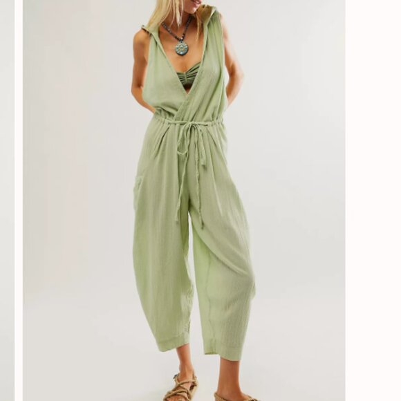 Free People Unhidden Hoodie One Piece Barrel Leg Jumpsuit Sz XL Blue RARE Boho - Picture 12 of 12